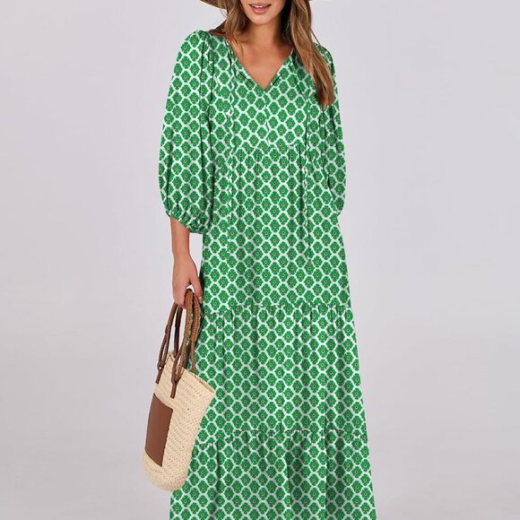 Womens Boho Maxi Dresses 2025 Summer V Neck Puff Sleeve Floral Flowy Swing Casua - Picture 8 of 8